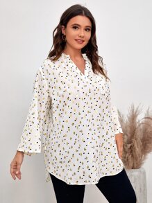 SHEIN LUNE Áo sơ mi Plus Size Nút Túi Tim Tất cả trên in Giải trí - trắng - Xem 3