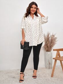 SHEIN LUNE Áo sơ mi Plus Size Nút Túi Tim Tất cả trên in Giải trí - trắng - Xem 5