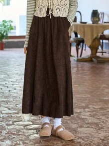 DAZY Solid Elastic Waist Skirt - Chocolate Brown - View 6