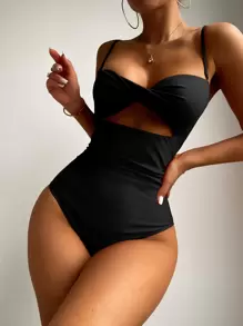 SHEIN Swim Summer Beach Twist Front Cut Out One Piece Swimsuit - Black - View 4