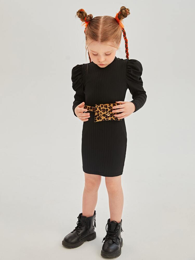 SHEIN 女の子幼児 モックネック ジゴスリーブ ドレス バッグ付き ベルト - ブラック - 見る 4