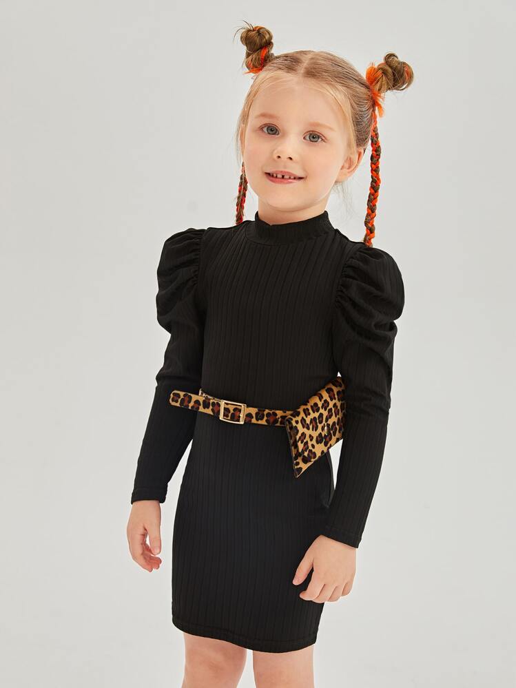 SHEIN 女の子幼児 モックネック ジゴスリーブ ドレス バッグ付き ベルト - ブラック - 見る 1
