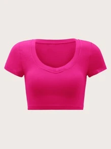SHEIN EZwear 大圓領素色短款T恤 - 玫紅色 - 查看 1