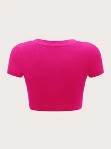 SHEIN EZwear 大圓領素色短款T恤 - 玫紅色 - 查看 2