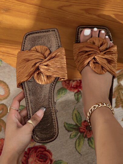 女士平底凉鞋，棕色一脚蹬平底凉鞋，时尚舒适平底凉鞋，蝴蝶结系带休闲优雅简约平底凉鞋