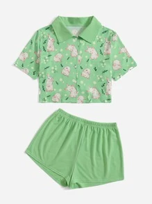 兔子印花睡衣套裝 - 綠色 - 查看 1