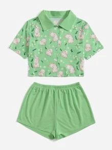 兔子印花睡衣套裝 - 綠色 - 查看 5