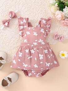 女嬰印花荷葉邊拼接連衣裙和頭巾 - 藕粉色 - 查看 1