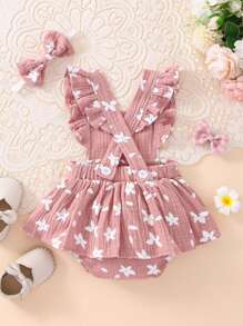 女嬰印花荷葉邊拼接連衣裙和頭巾 - 藕粉色 - 查看 2