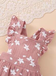 女嬰印花荷葉邊拼接連衣裙和頭巾 - 藕粉色 - 查看 3