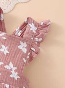 女嬰印花荷葉邊拼接連衣裙和頭巾 - 藕粉色 - 查看 4