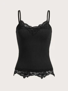 ROMWE 蕾絲拼接吊帶上衣 - 黑色 - 查看 4