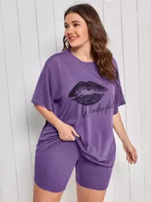 SHEIN Plus Mouth Print Tee & Cycling Shorts PJ Set - Purple - View 1