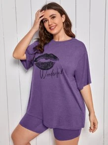 SHEIN Plus Mouth Print Tee & Cycling Shorts PJ Set - Purple - View 4