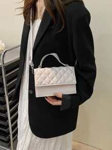 1个菱格纹绗缝手提包，翻盖方形斜挎包，韩式甜美风格，百搭独特，适合日常通勤和约会（由于拍摄时的光线和角度，实际产品颜色可能与图片略有差异） - 米色 - 查看 5