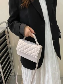 1个菱格纹绗缝手提包，翻盖方形斜挎包，韩式甜美风格，百搭独特，适合日常通勤和约会（由于拍摄时的光线和角度，实际产品颜色可能与图片略有差异） - 米色 - 查看 7