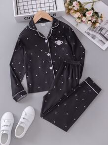 Girls Polka Dot & Planet Print Contrast Piping PJ Set - Black - View 1