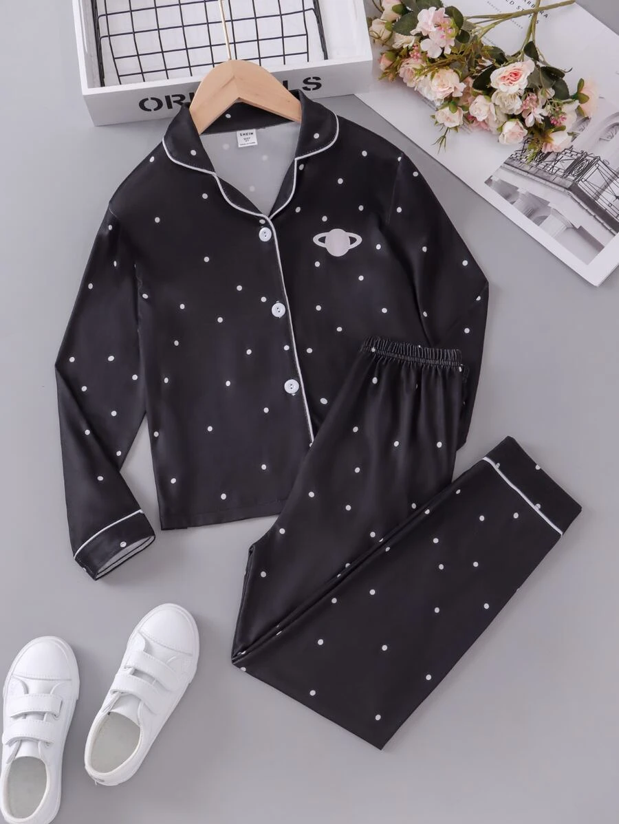 Girls Polka Dot & Planet Print Contrast Piping PJ Set - Black - View 1