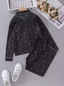 Girls Polka Dot & Planet Print Contrast Piping PJ Set - Black - View 2