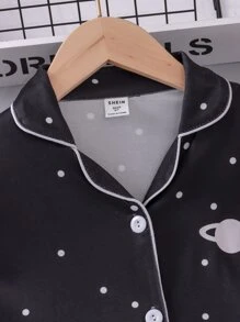 Girls Polka Dot & Planet Print Contrast Piping PJ Set - Black - View 5
