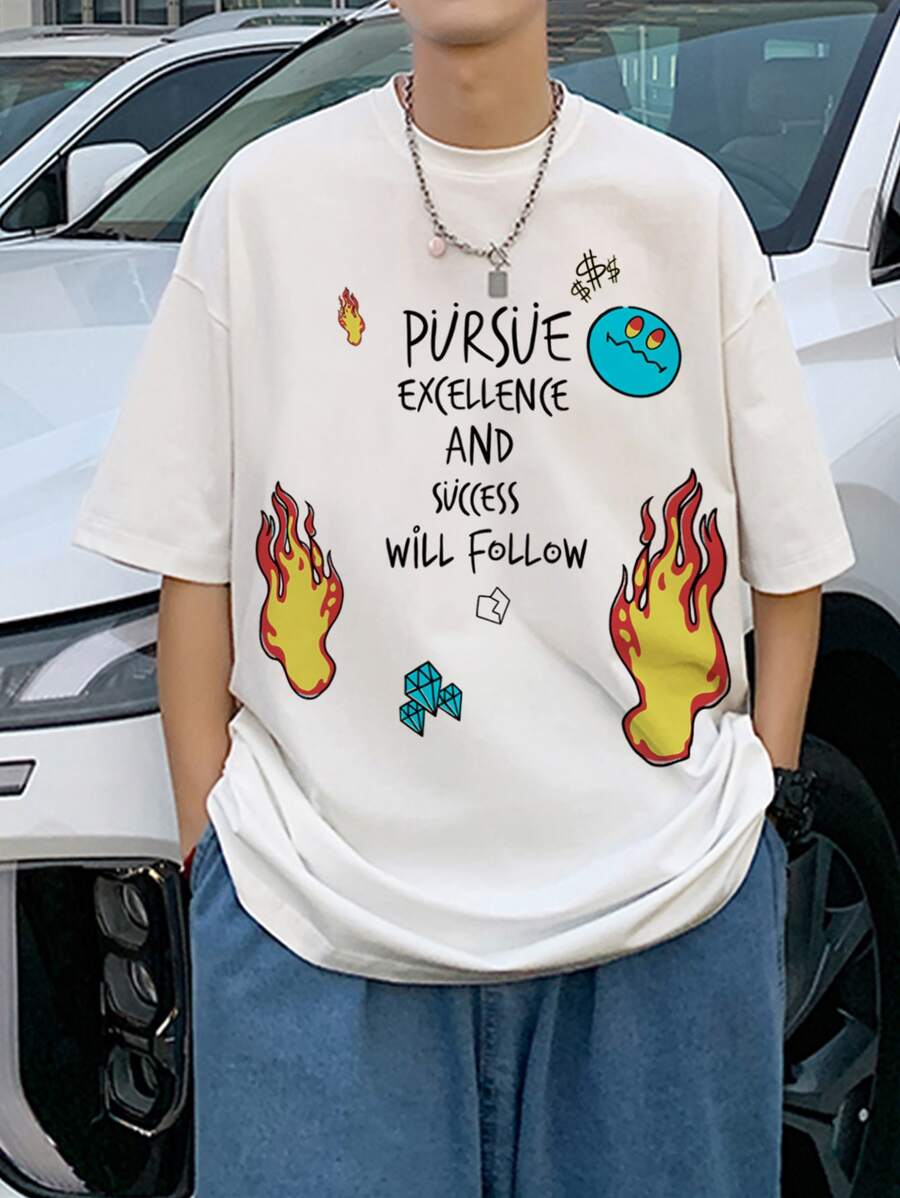 Claim Dot 男士標語和火圖案T恤 - 白色 - 查看 1