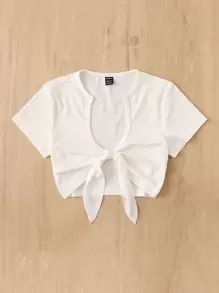 SHEIN EZwear 前繫帶短款上衣 - 白色 - 查看 3