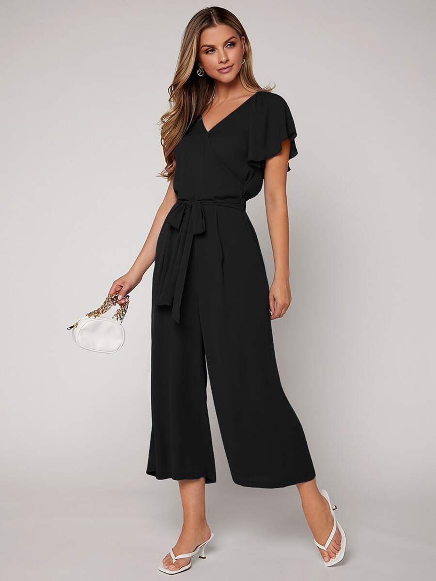 SHEIN Privé Butterfly Sleeve Belted Jumpsuit - Black - View 1