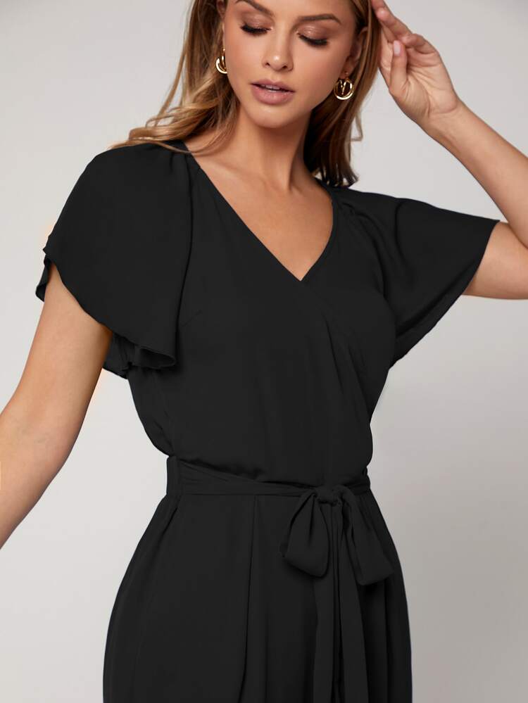 SHEIN Privé Butterfly Sleeve Belted Jumpsuit - Black - View 4