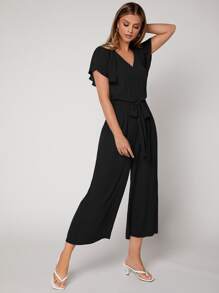 SHEIN Privé Butterfly Sleeve Belted Jumpsuit - Black - View 5