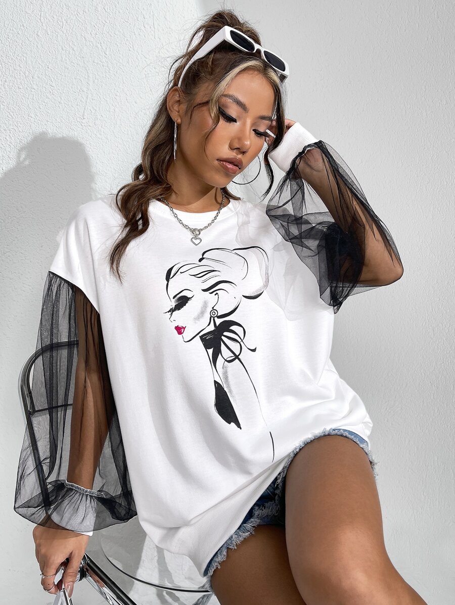 Patrizia Terranova 图形对比网眼主教袖运动衫，节日 - 白色 - 查看 1