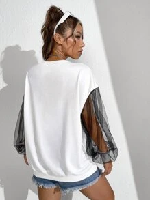 Patrizia Terranova 图形对比网眼主教袖运动衫，节日 - 白色 - 查看 2