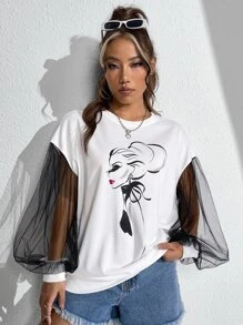 Patrizia Terranova 图形对比网眼主教袖运动衫，节日 - 白色 - 查看 4