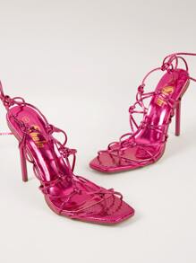 Ultra Strappy Open Toe Tie Up Stiletto Heels - Red Violet - View 2