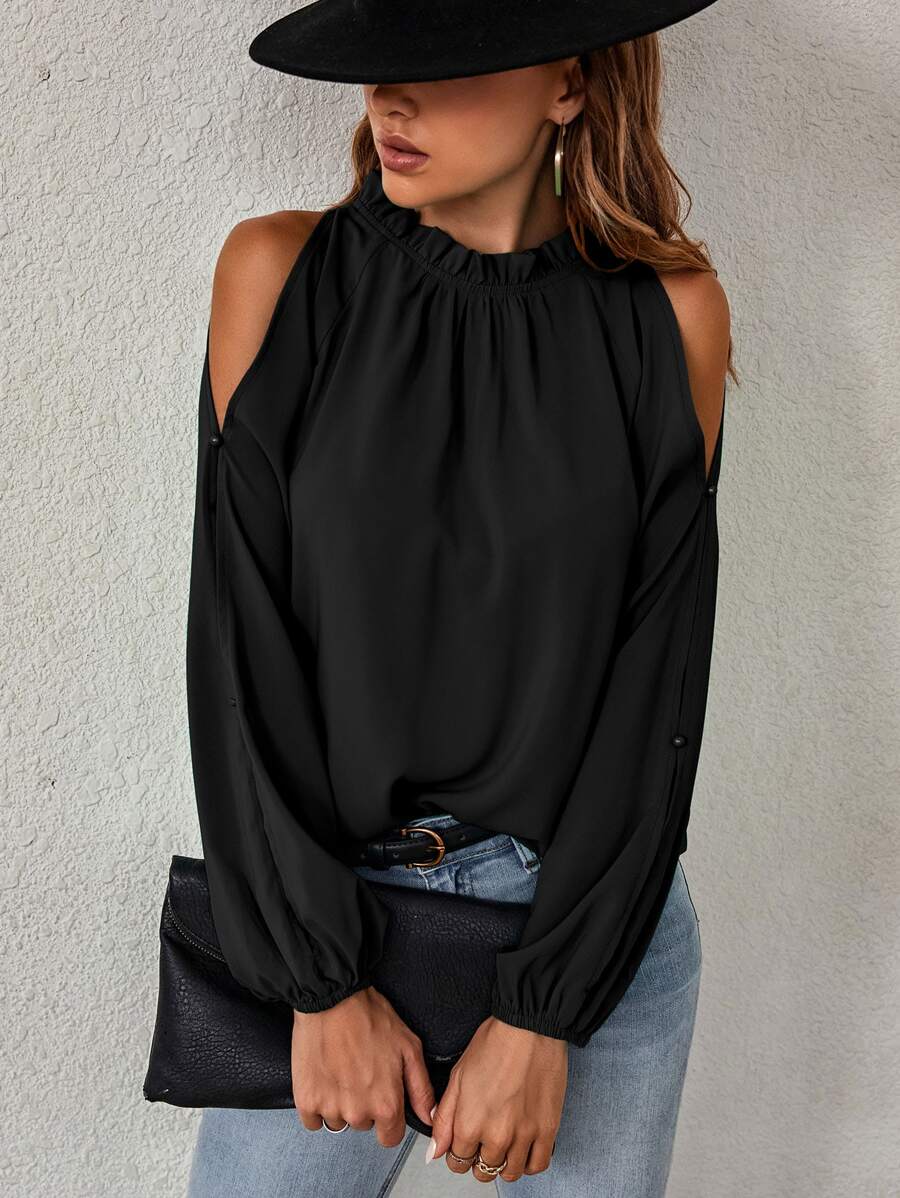 SHEIN Clasi Áo sơ mi nữ Nút Cắt ra viền lá sen màu trơn Giải trí - màu đen - Xem 1