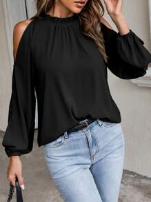 SHEIN Clasi Áo sơ mi nữ Nút Cắt ra viền lá sen màu trơn Giải trí - màu đen - Xem 3