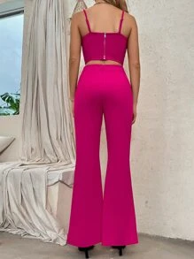 Chiquease Zip Back Bustier Cami Top & Flare Leg Trousers - Hot Pink - View 2