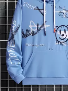 Manfinity LEGND Loose Fit Men's Cartoon & Slogan Pattern Drawstring Hooded Sweatshirt, Baby Blue Hoodie Men, Fall - Blue - View 3