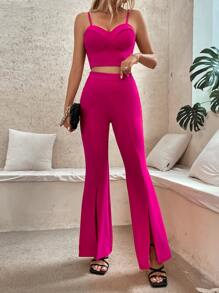 Chiquease Zip Back Bustier Cami Top & Flare Leg Trousers - Hot Pink - View 3