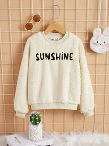 SHEIN Girls Letter Embroidery Teddy Pullover - Beige - View 1