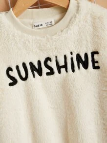 SHEIN Girls Letter Embroidery Teddy Pullover - Beige - View 3