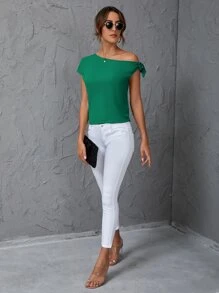 SHEIN Clasi 素色斜肩襯衫 - 綠色 - 查看 6