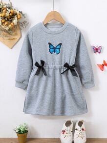 Toddler Girls Butterfly Print Bow Split Hem Sweatshirt Dress - Grey - View 1