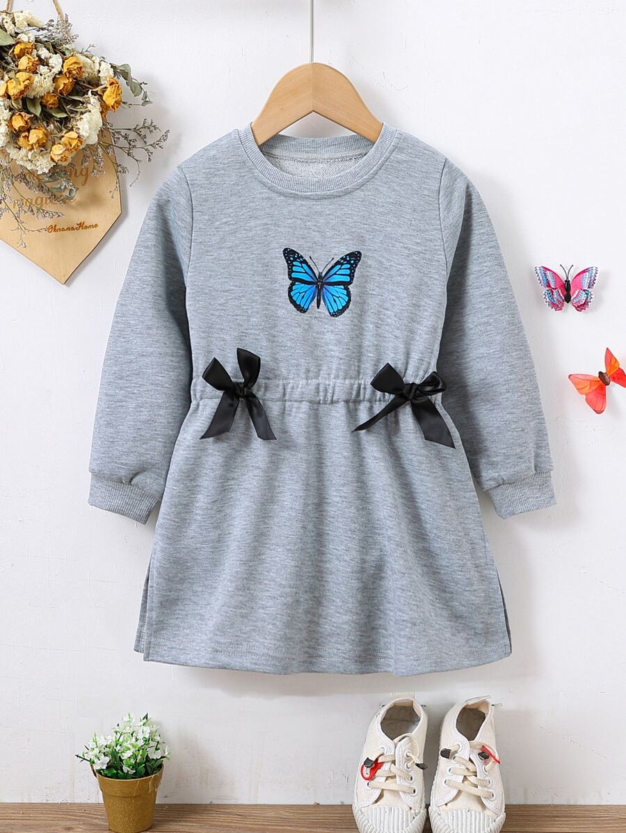 Toddler Girls Butterfly Print Bow Split Hem Sweatshirt Dress - Grey - View 1