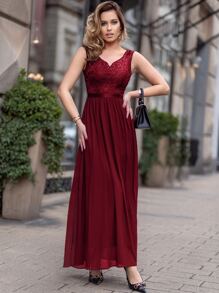 MIUSOL Sequin Lace Sweetheart Neck Sleeveless Chiffon Formal Party Dress - Burgundy - View 2