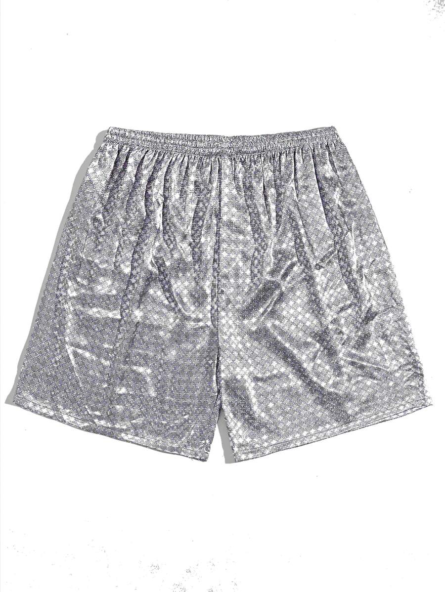 Men Allover Geo Print Satin Sleep Shorts - Silver - View 1