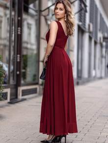 MIUSOL Sequin Lace Sweetheart Neck Sleeveless Chiffon Formal Party Dress - Burgundy - View 3