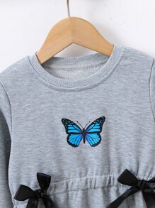 Toddler Girls Butterfly Print Bow Split Hem Sweatshirt Dress - Grey - View 3