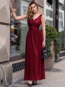 MIUSOL Sequin Lace Sweetheart Neck Sleeveless Chiffon Formal Party Dress - Burgundy - View 4