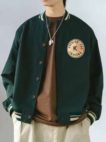 Manfinity 男士1入組標語刺繡落肩袖學院風夾克 - 墨綠色 - 查看 1