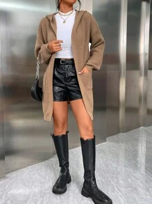 SHEIN Unity Drop Shoulder Pocket Patched Hooded Duster Cardigan - Mocha Brown - View 4